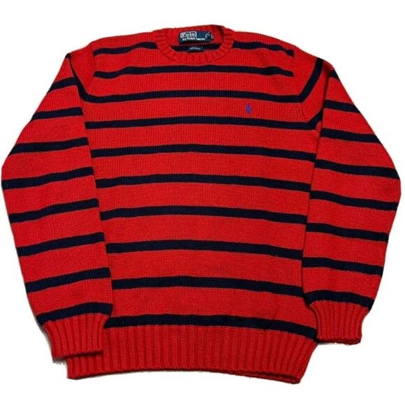 POLO RALPH LAUREN Men's Striped Crewneck Sweater Red Navy M Cotton Classic - Picture 2 of 10